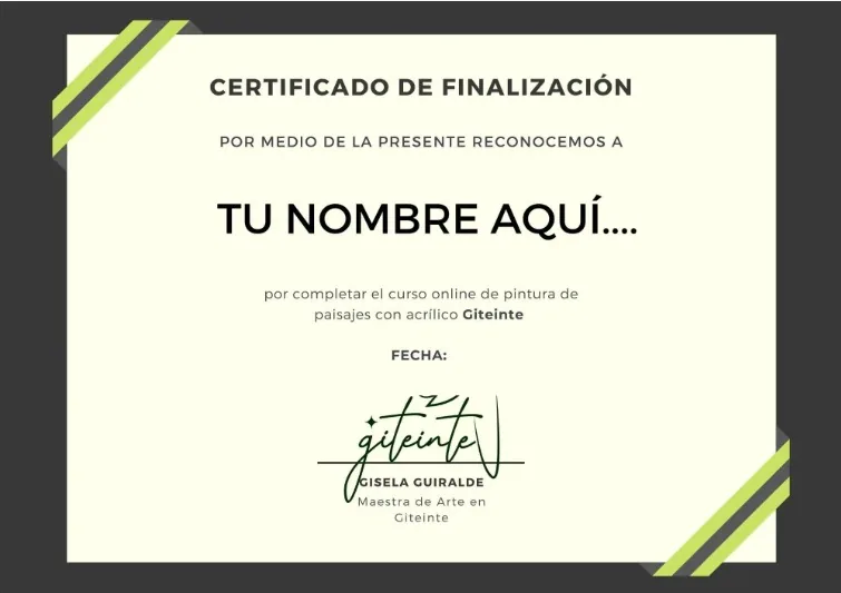 Certificado de finalización del curso de pintura de paisajes con acrílico Giteinte, firmado por Gisela Guiralde