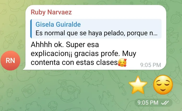 Captura del Club: Ruby le agradece a Gisela la explicación y dice que está muy contenta con las clases